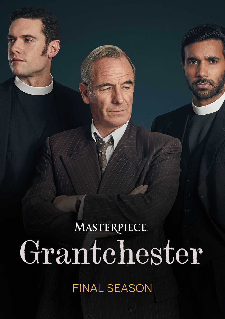 Promotional image for the final season of "Grantchester" on Masterpiece, featuring three men with serious expressions. Two are dressed as priests in black clerical shirts with white collars, positioned on the left and right, while the man in the center wears a brown pinstripe suit with arms crossed. The background is dark, with the show's title and "FINAL SEASON" text below.