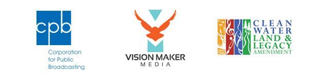 Logos of three organizations: Corporation for Public Broadcasting (blue square with white "cpb"), Vision Maker Media (orange stylized bird with a blue triangle background), and Clean Water Land & Legacy Amendment (multicolored graphic with text).