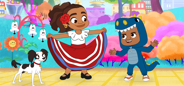 A girl in a red and white traditional dress poses with a boy wearing a blue dinosaur costume, while a black-and-white dog watches, set against a colorful park background with trees and hanging bells.