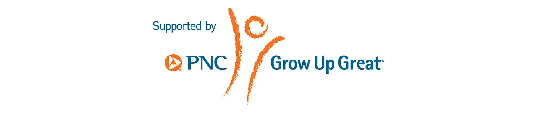 Logo with an orange abstract figure and text reading "Supported by PNC Grow Up Great" on a white background.
